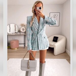 ZARA BLOGGERS FAV textured double blazer check tweed blue metallic chanelish s